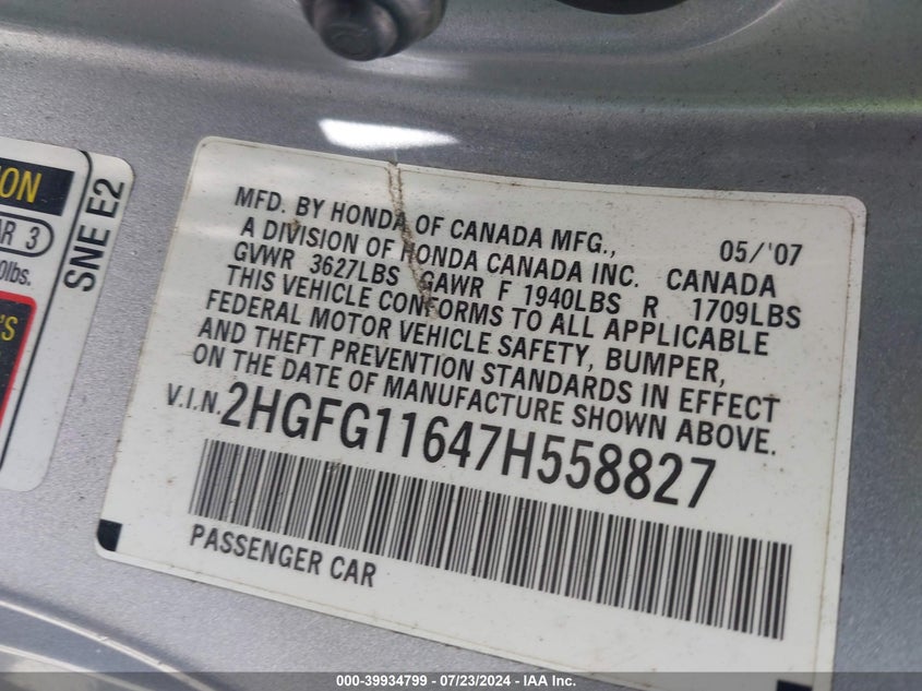 2007 Honda Civic Lx VIN: 2HGFG11647H558827 Lot: 39934799