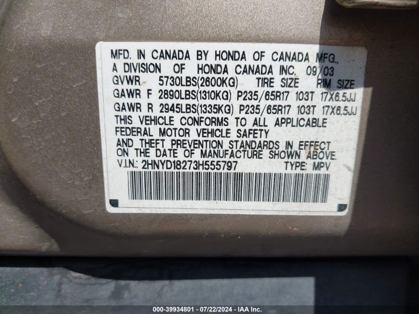 2003 Acura Mdx VIN: 2HNYD18273H555797 Lot: 39934801
