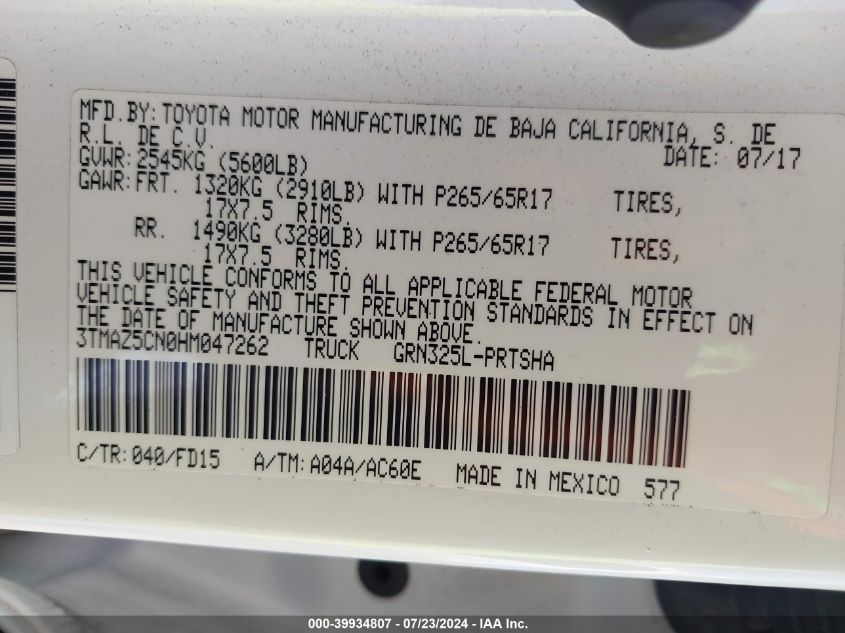 2017 Toyota Tacoma Trd Sport VIN: 3TMAZ5CN0HM047262 Lot: 39934807