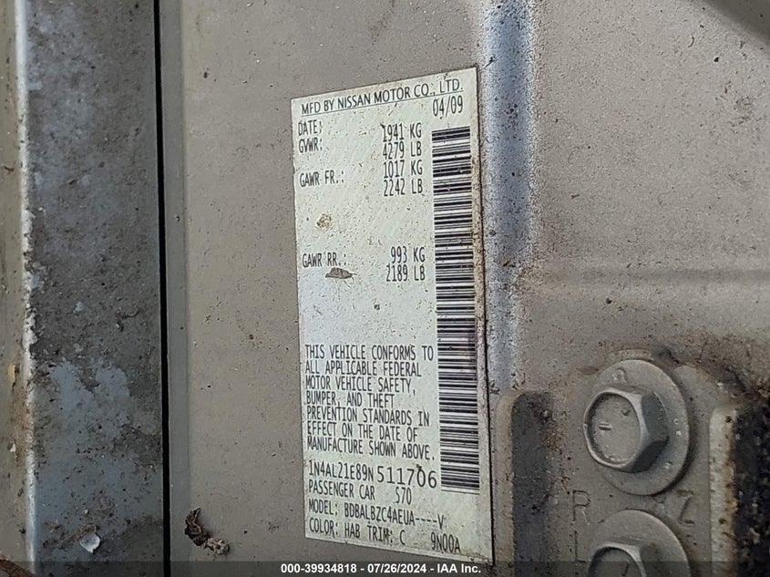 2009 Nissan Altima 2.5 S VIN: 1N4AL21E89N511706 Lot: 39934818