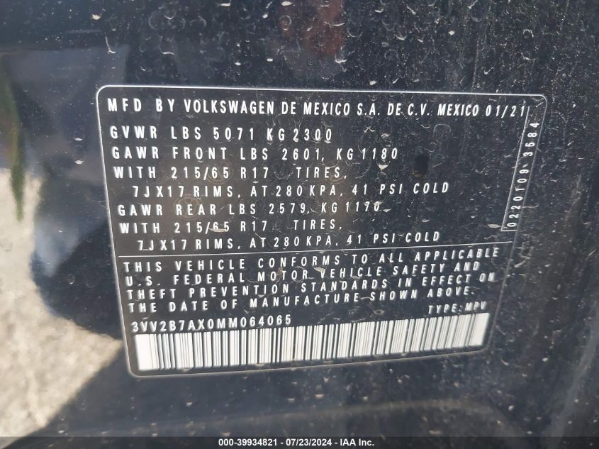 2021 Volkswagen Tiguan VIN: 3VV2B7AX0MM064065 Lot: 39934821