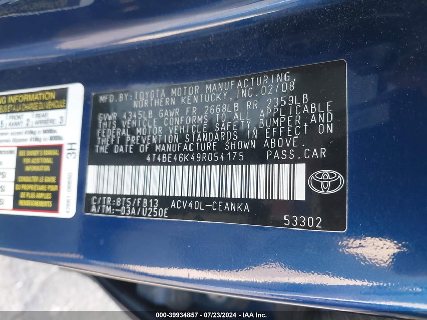 2009 Toyota Camry Se/Le/Xle VIN: 4T4BE46K49R054175 Lot: 39934857