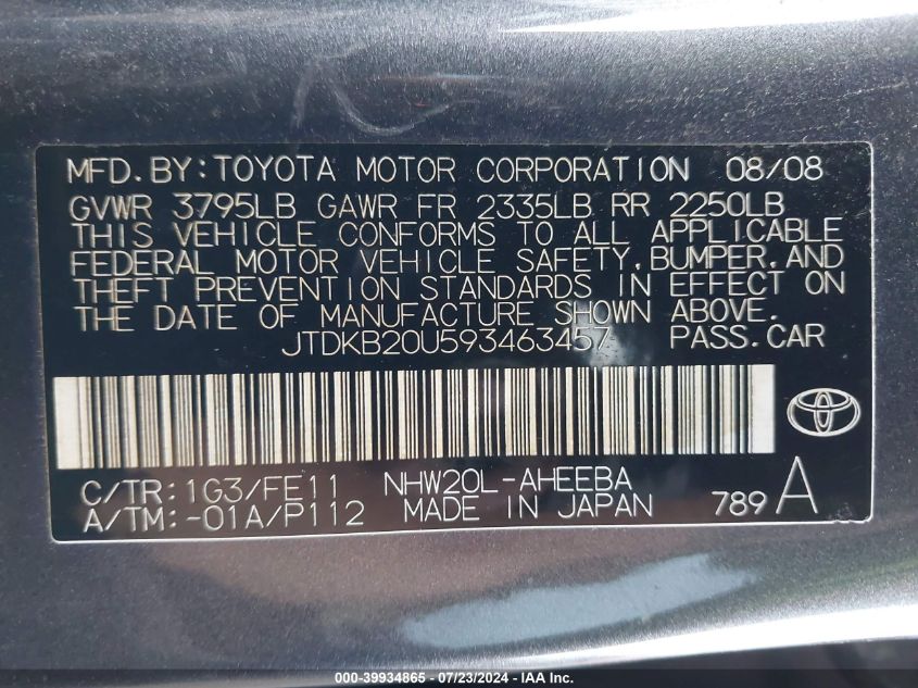 2009 Toyota Prius VIN: JTDKB20U593463457 Lot: 39934865