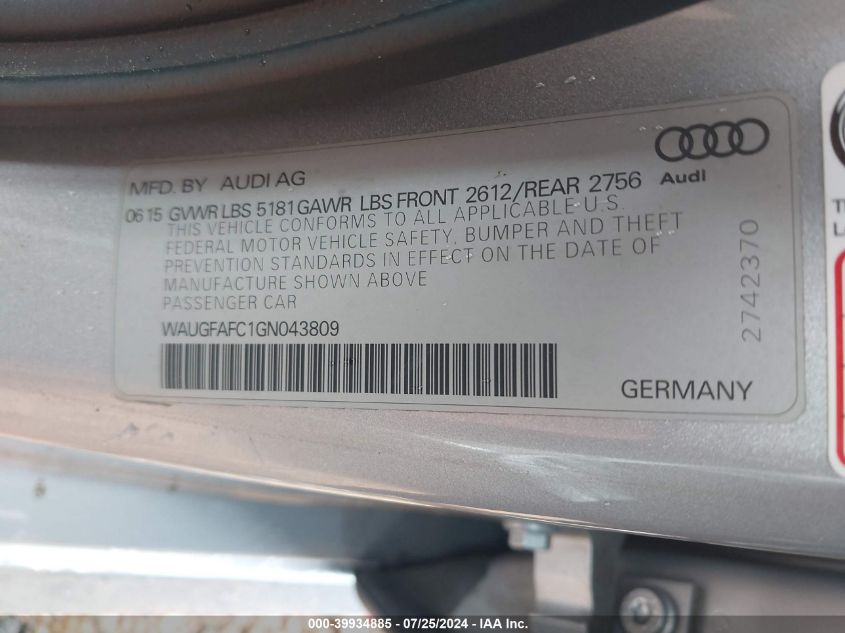 2016 Audi A6 Premium Plus VIN: WAUGFAFC1GN043809 Lot: 39934885