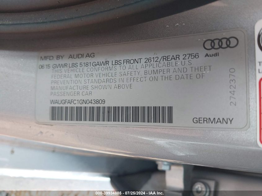 2016 Audi A6 2.0T Premium Plus VIN: WAUGFAFC1GN043809 Lot: 39934885