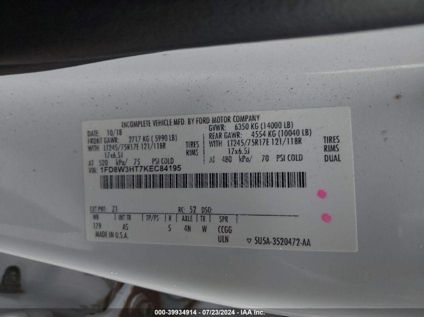 2019 Ford F350 Super Duty VIN: 1FD8W3HT7KEC84195 Lot: 39934914