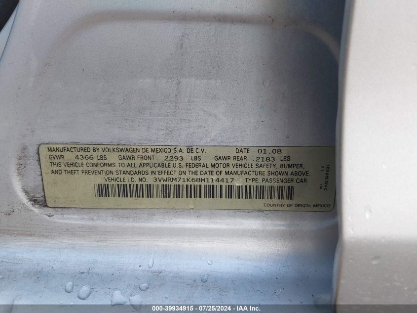2008 Volkswagen Jetta Se/Sel VIN: 3VWRM71K68M114417 Lot: 39934915