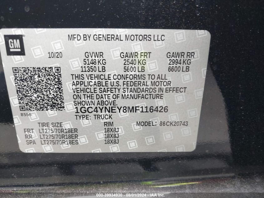 2021 Chevrolet Silverado K2500 Heavy Duty Lt VIN: 1GC4YNEY8MF116426 Lot: 39934930