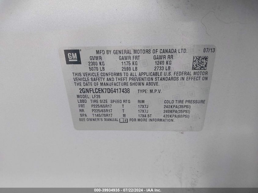 2013 Chevrolet Equinox Ls VIN: 2GNFLCEK7D6417438 Lot: 39934935