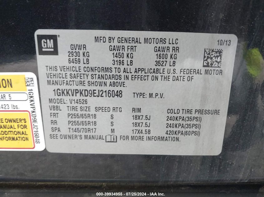 1GKKVPKD9EJ216048 2014 GMC Acadia Sle-2