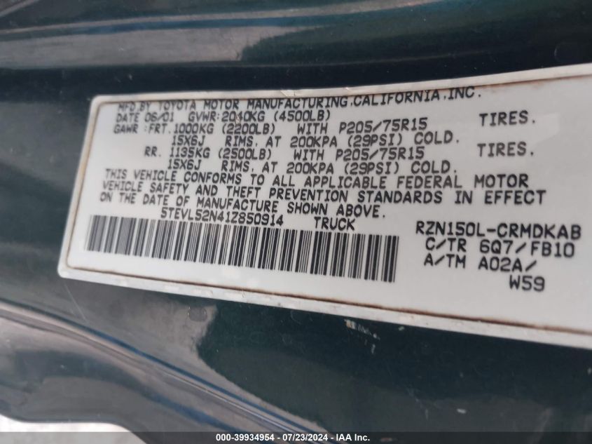2001 Toyota Tacoma VIN: 5TEVL52N41Z850914 Lot: 39934954