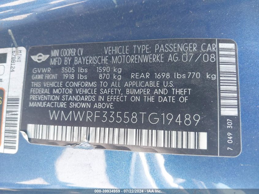 2008 Mini Cooper VIN: WMWRF33558TG19489 Lot: 39934959
