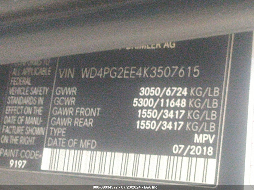 2019 MERCEDES-BENZ METRIS - WD4PG2EE4K3507615