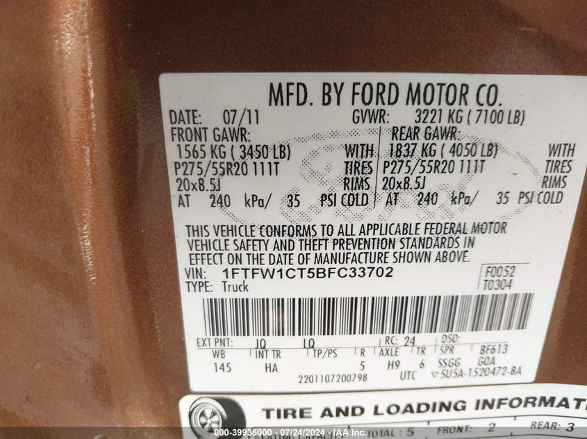 2011 Ford F150 Supercrew VIN: 1FTFW1CT5BFC33702 Lot: 39935000