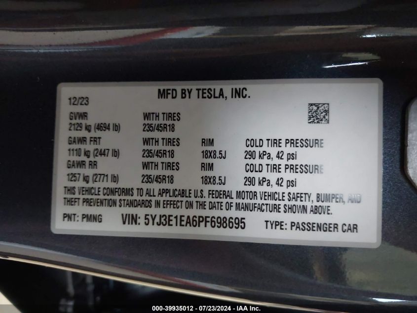 2023 TESLA MODEL 3 REAR-WHEEL DRIVE - 5YJ3E1EA6PF698695