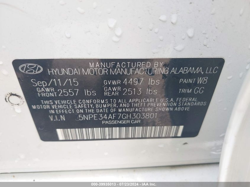 2016 Hyundai Sonata Limited VIN: 5NPE34AF7GH303801 Lot: 39935013