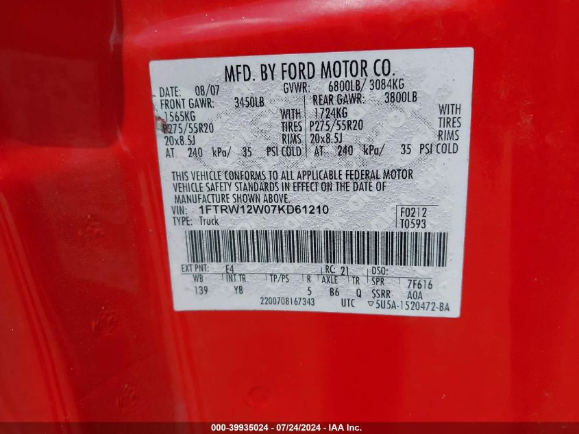 2007 Ford F150 Supercrew VIN: 1FTRW12W07KD61210 Lot: 39935024