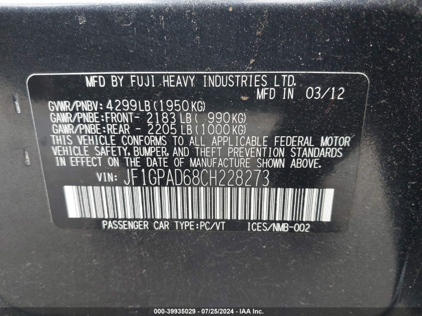 2012 Subaru Impreza 2.0I Premium VIN: JF1GPAD68CH228273 Lot: 39935029