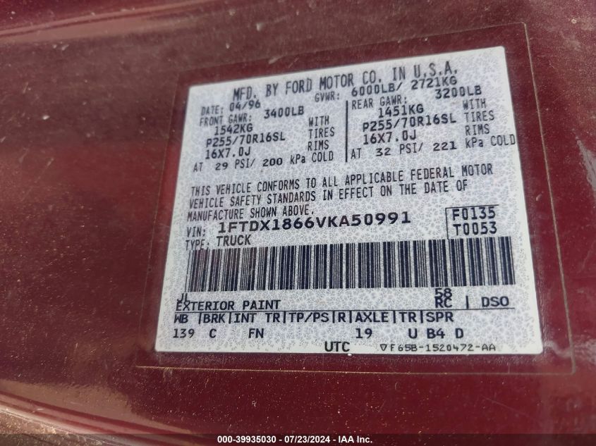 1997 Ford F-150 Lariat/Xl/Xlt VIN: 1FTDX1866VKA50991 Lot: 39935030