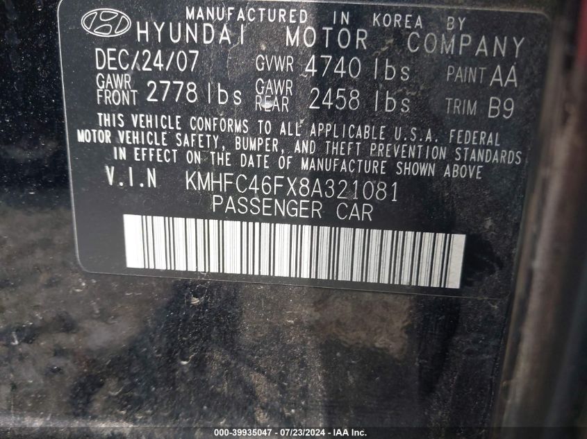 2008 Hyundai Azera Limited VIN: KMHFC46FX8A321081 Lot: 39935047