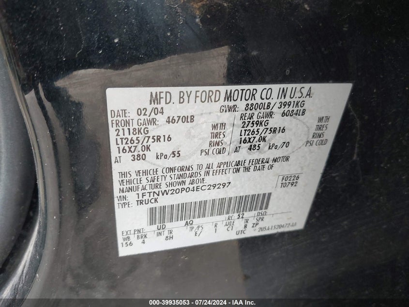2004 Ford F-250 King Ranch/Lariat/Xl/Xlt VIN: 1FTNW20P04EC29297 Lot: 39935053