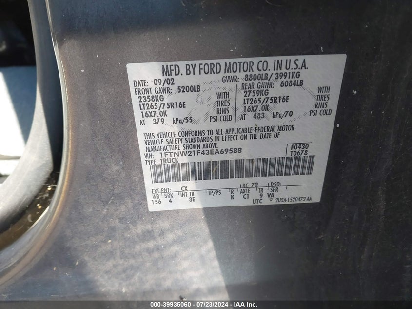 2003 Ford F-250 Lariat/Xl/Xlt VIN: 1FTNW21F43EA69588 Lot: 39935060
