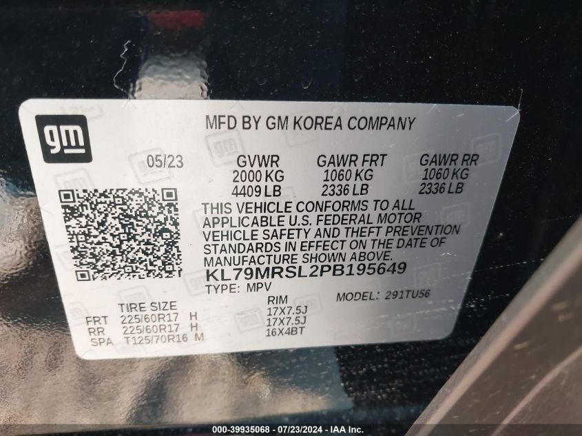 2023 Chevrolet Trailblazer Lt VIN: KL79MRSL2PB195649 Lot: 39935068