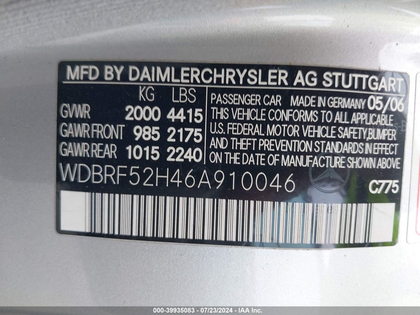 2006 Mercedes-Benz C 230 Sport VIN: WDBRF52H46A910046 Lot: 39935083