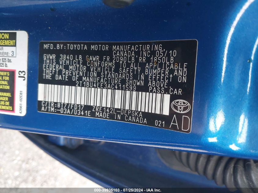 2010 Toyota Corolla S VIN: 2T1BU4EE3AC411599 Lot: 39935103