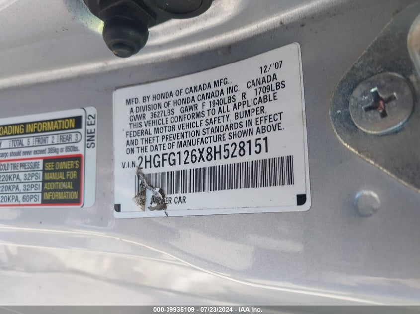 2008 Honda Civic Lx VIN: 2HGFG126X8H528151 Lot: 39935109