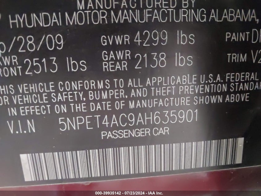 2010 Hyundai Sonata Gls VIN: 5NPET4AC9AH635901 Lot: 39935142