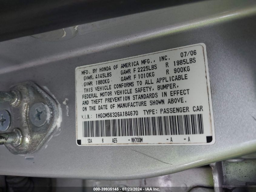 2006 Honda Accord 2.4 Se VIN: 1HGCM56326A184670 Lot: 39935145