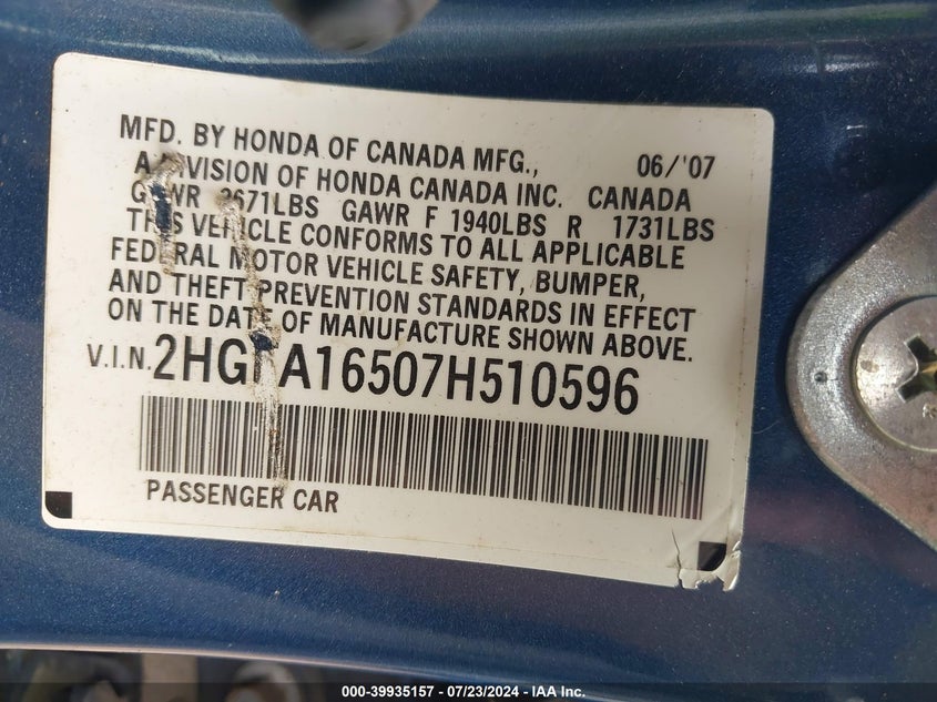 2007 Honda Civic Lx VIN: 2HGFA16507H510596 Lot: 39935157