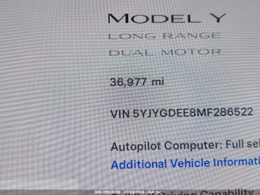 2021 Tesla Model Y Long Range Dual Motor All-Wheel Drive VIN: 5YJYGDEE8MF286522 Lot: 39935158