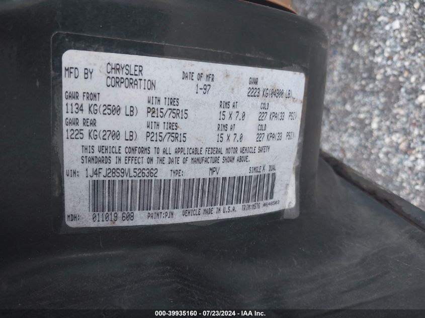 1997 Jeep Cherokee Se VIN: 1J4FJ28S9VL526362 Lot: 39935160