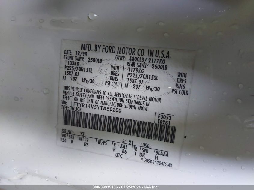 2000 Ford Ranger Xl/Xlt VIN: 1FTYR14V5YTA50200 Lot: 39935166