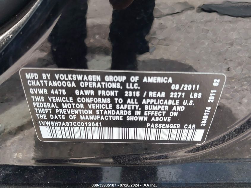 2012 Volkswagen Passat Se VIN: 1VWBH7A37CC013041 Lot: 39935187