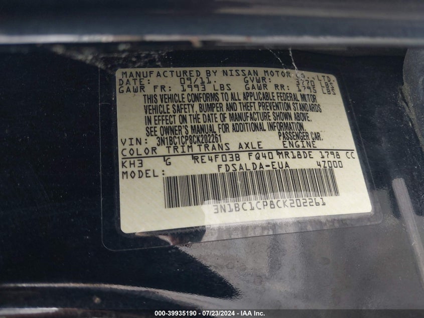 2012 Nissan Versa 1.8 S VIN: 3N1BC1CP8CK202261 Lot: 39935190