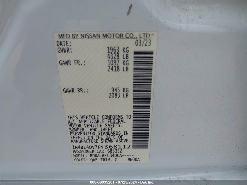 2023 NISSAN ALTIMA SV FWD - 1N4BL4DV7PN368112