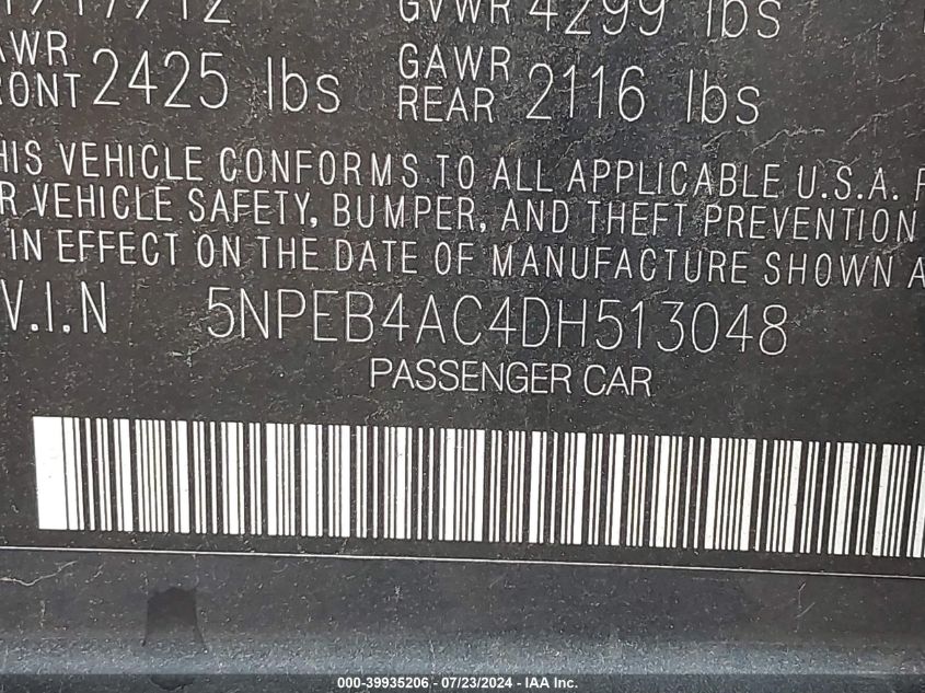 2013 Hyundai Sonata Gls VIN: 5NPEB4AC4DH513048 Lot: 39935206