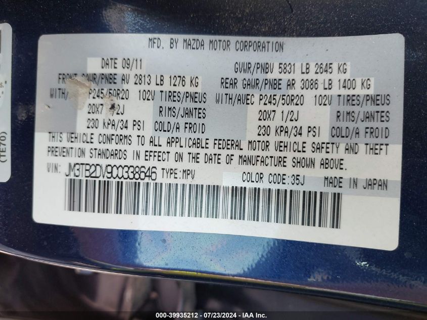 2012 Mazda Cx-9 Grand Touring VIN: JM3TB2DV9C0338646 Lot: 39935212