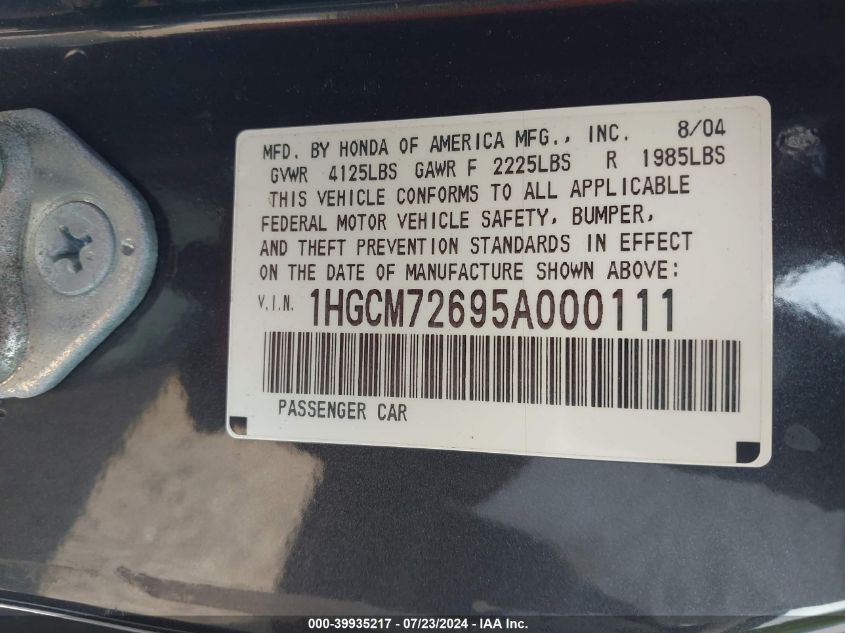2005 Honda Accord 2.4 Ex VIN: 1HGCM72695A000111 Lot: 39935217