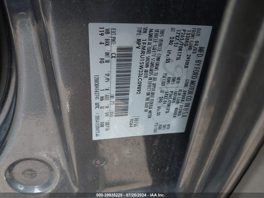 2003 Ford Expedition Xlt VIN: 1FMRU15W33LC09892 Lot: 39935225