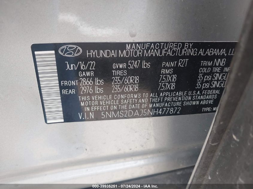 2022 Hyundai Santa Fe Sel VIN: 5NMS2DAJ5NH477872 Lot: 39935251