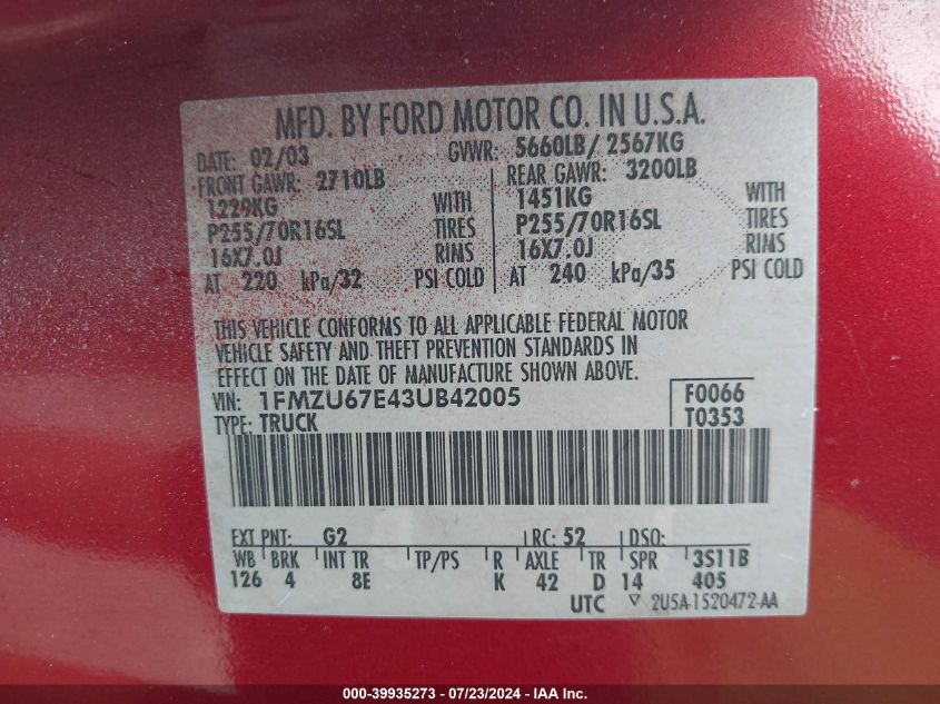 2003 Ford Explorer Sport Trac Xls/Xlt VIN: 1FMZU67E43UB42005 Lot: 39935273