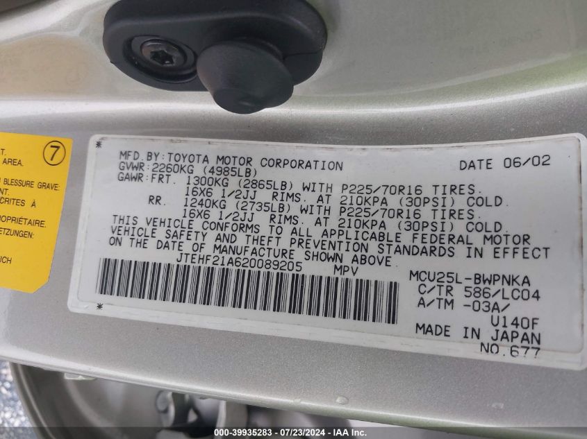 2002 Toyota Highlander Limited V6 VIN: JTEHF21A620089205 Lot: 39935283