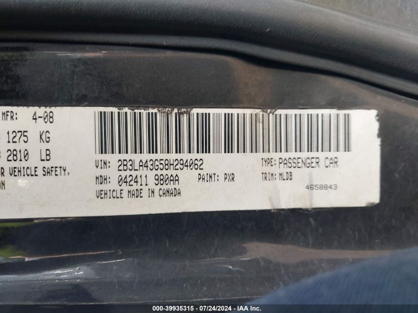 2008 Dodge Charger VIN: 2B3LA43G58H294062 Lot: 39935315