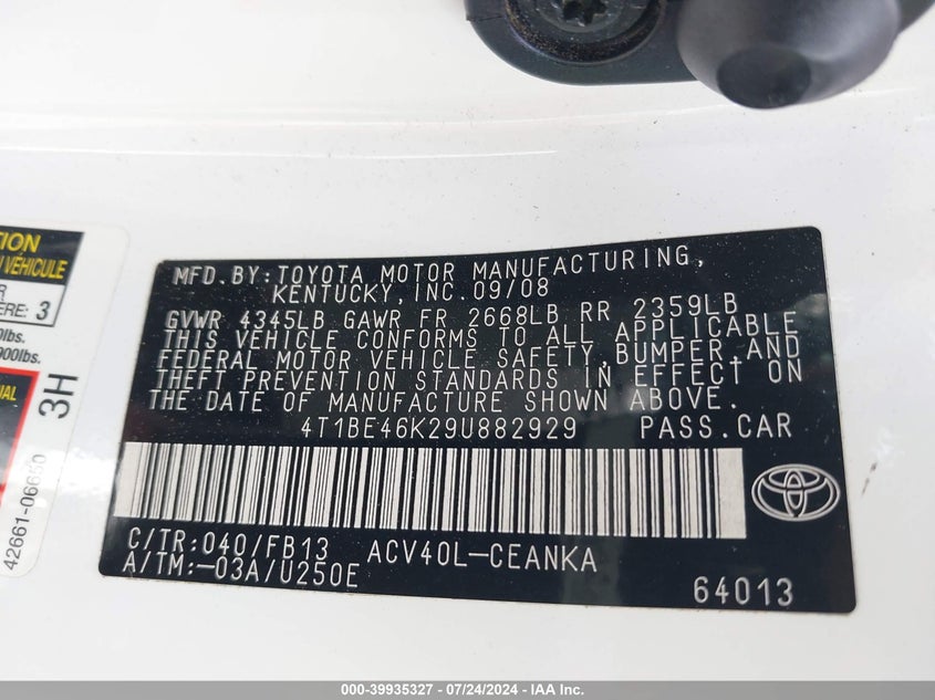 2009 Toyota Camry Le VIN: 4T1BE46K29U882929 Lot: 39935327