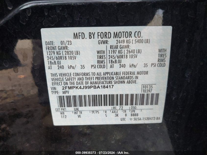 2023 Ford Edge Sel VIN: 2FMPK4J99PBA18417 Lot: 39935373