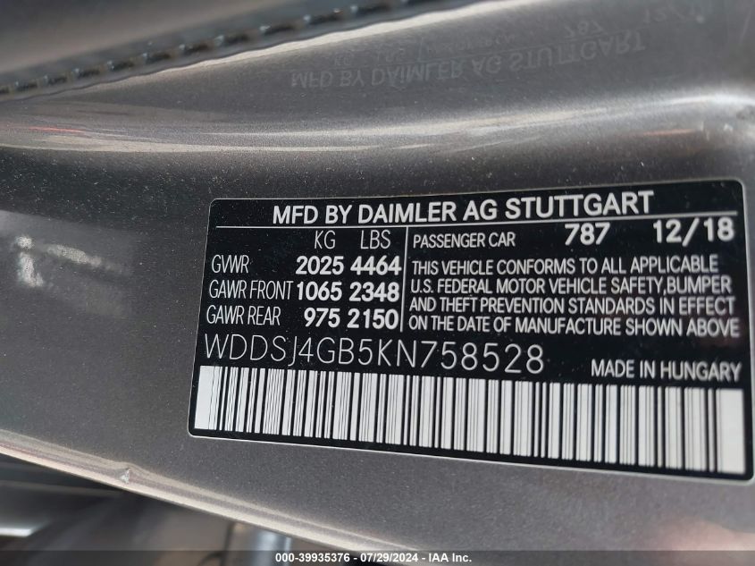 WDDSJ4GB5KN758528 2019 Mercedes-Benz Cla 250 4Matic